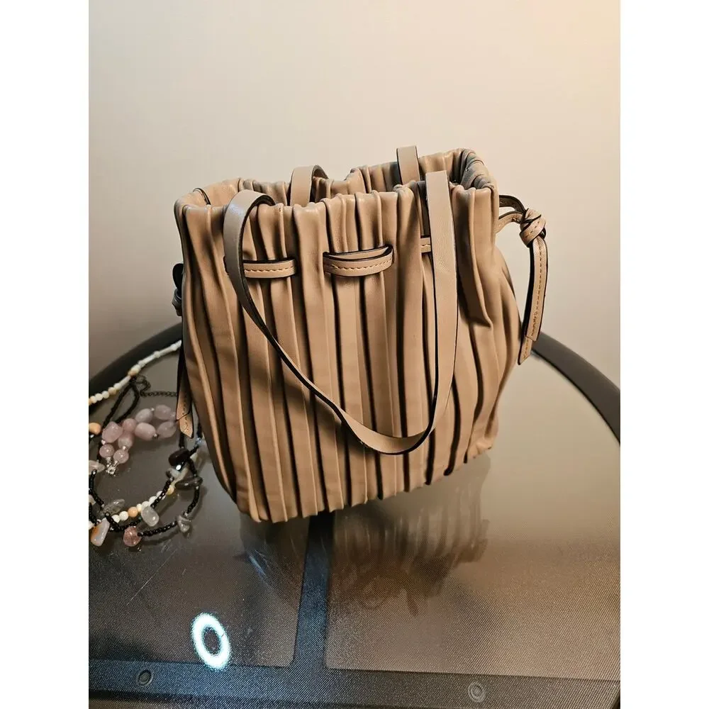 Zara Pleated Bucket Purse In Beige